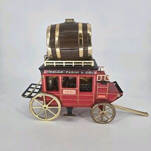Vintage Wells Fargo Stagecoach Decanter Set Japan Glass Lined Barrel Glasses 14"